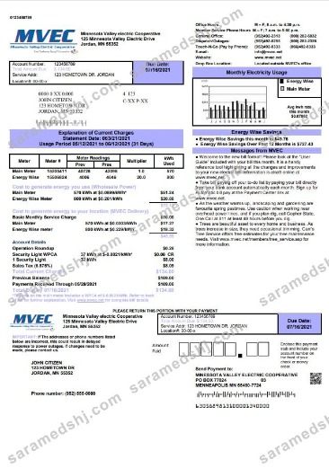 USA Minnesota Valley Electric Cooperative (MVEC) utility bill template in Word and PDF format